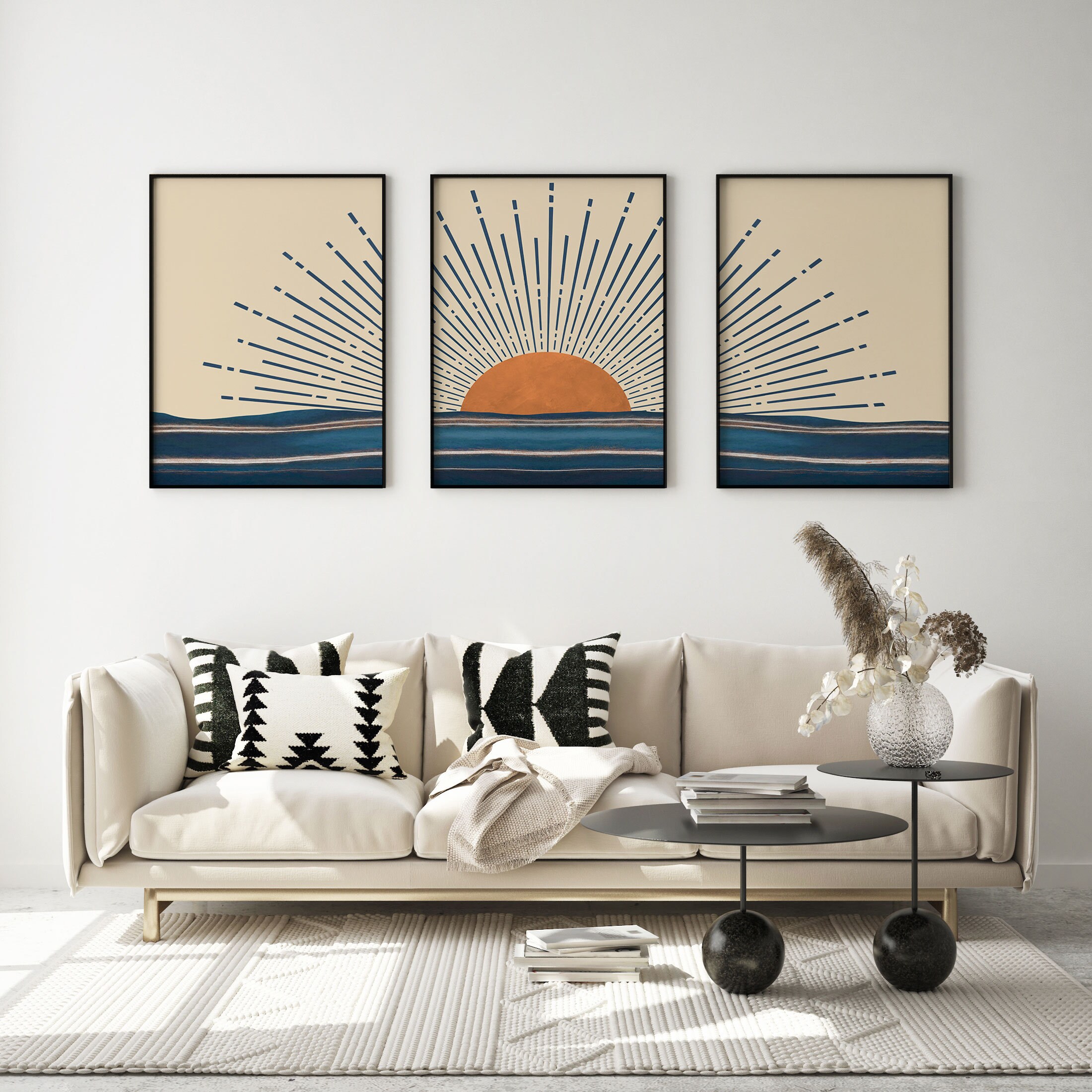 TERRACOTTA PRINT SET, Abstract Sun Print, Landscape Set of 3 Prints ...