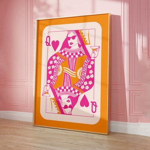 Poster hartenkoningin, trendy kunst aan de muur, preppy decor slaapzaal, schattig appartement print, esthetisch decor afdrukbaar, speelkaartkunstwerk