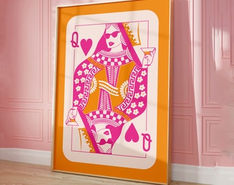 Queen of Hearts Poster, Trendy Wall Art, Preppy Dorm Decor, Cute Apartment Print, Aesthetic Decor Printable, Playing Card Artwork