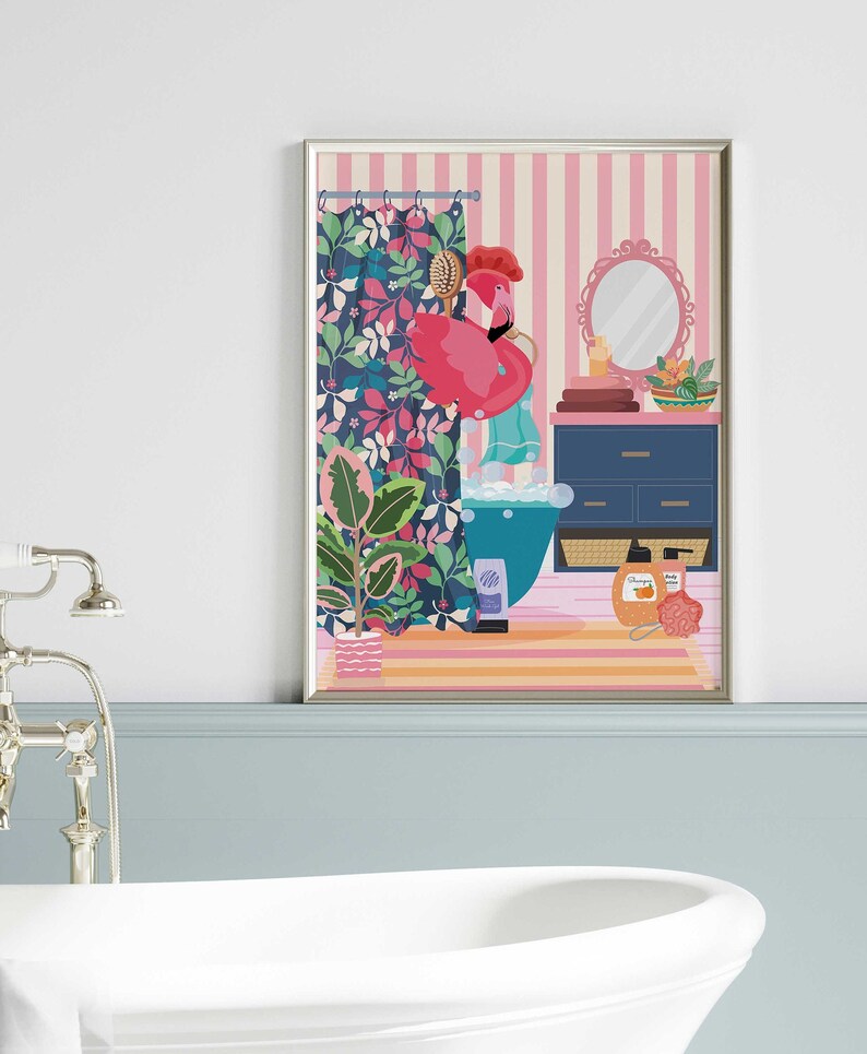 Retro Bathroom Art 3 Piece Wall Art Flamingo Prints Modern - Etsy