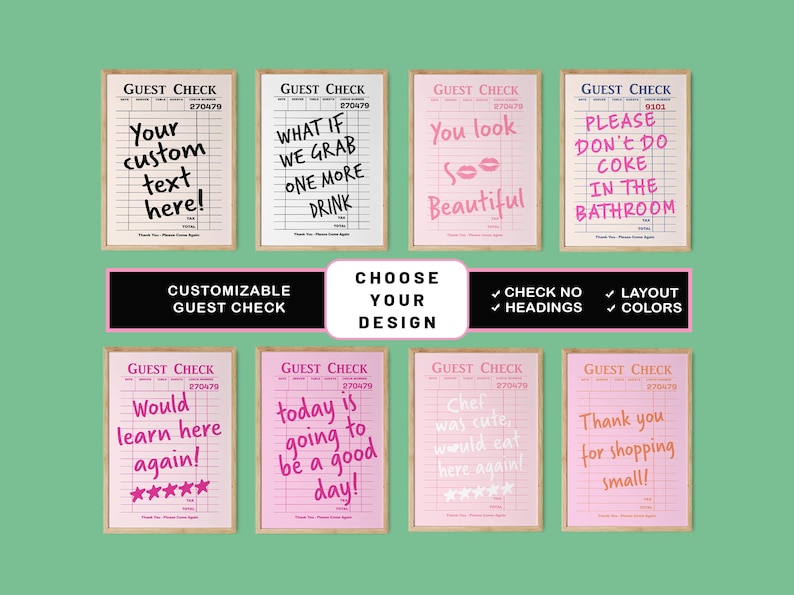 May include: Eight printable guest check designs with pink and black text on a white background. The designs include phrases like "What if we grab one more drink?" and "You look so beautiful".