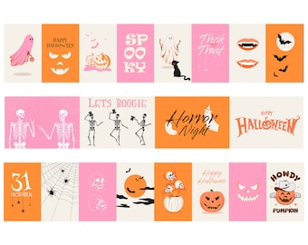 May include: A set of 12 Halloween themed digital printable cards featuring various spooky and fun illustrations, including ghosts, skeletons, pumpkins, bats, and spiders. The cards feature text such as "Happy Halloween", "Spooky", "Trick or Treat", "Let's Boogie", "Horror Night", and "Howdy Pumpkin".