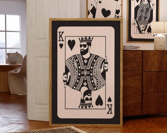 Trendy Retro Wall Art, King of Hearts Poster, Bar Cart Art, Playing Card Wall Art, Printable Wall Art, Black and Beige Decor, Bedroom Decor