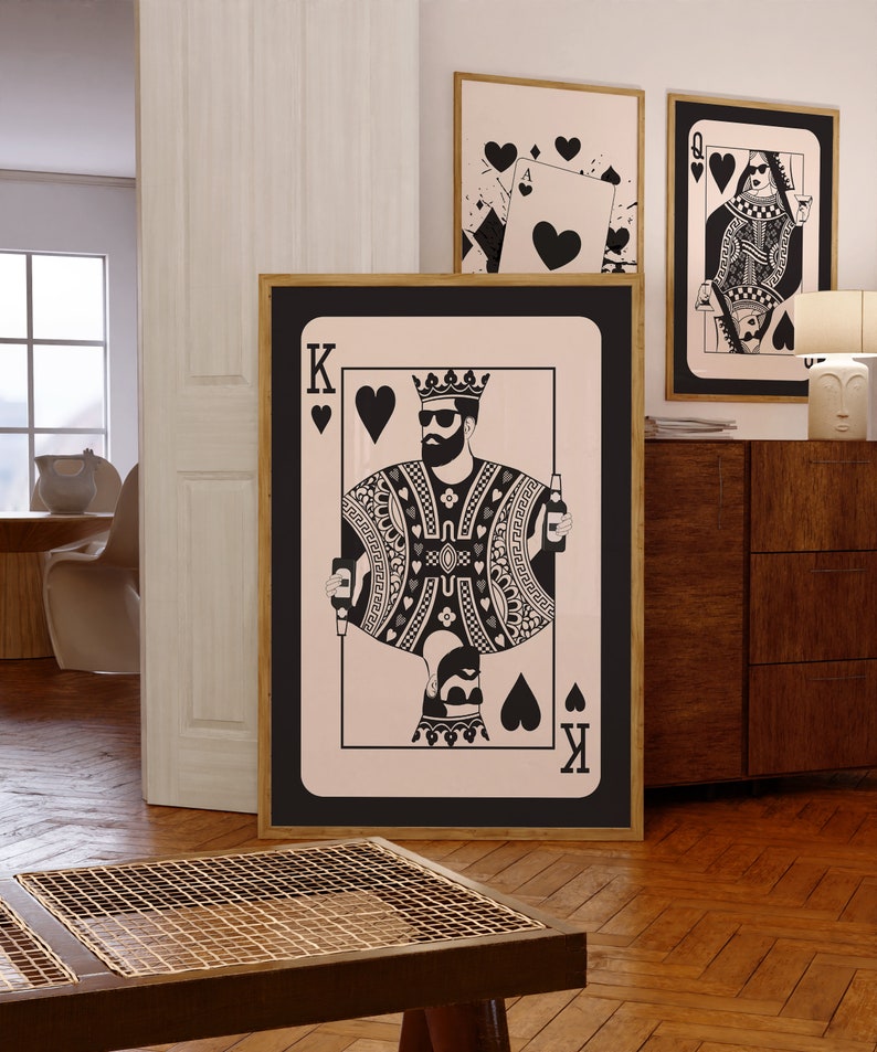 Trendy Retro Wall Art, King of Hearts Poster, Bar Cart Art, Playing
