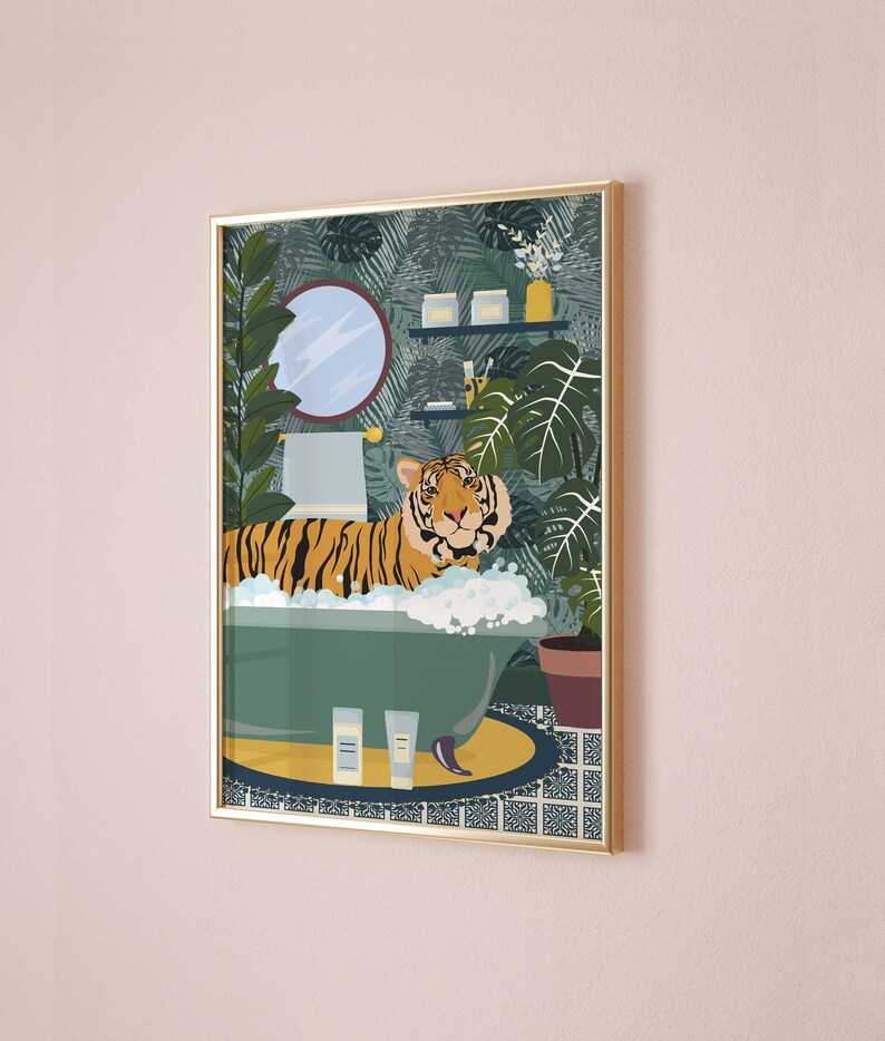 Retro Bathroom Art Funny Tiger in Bath Print Quirky Bathroom - Etsy