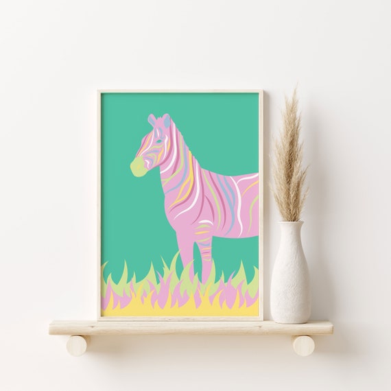 Colorful Zebra Wall Art Retro Zebra Print Pastel Pink and Etsy