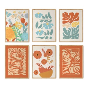 Abstract Flower Prints Set, Colorful Gallery Wall For Kitchen, Digital Download, Trendy Boho Poster Set, Modern Retro Flower Set of 6