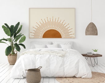 Boho Sun Horizontal Print, Terracotta Poster, Retro Sunrise Poster Print, Boho Art Print, Sunset Print, Sun Nursery Print Rust Color Sun Art