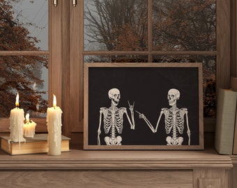 Funny Skeleton Halloween Wall Art, Fun Spooky Halloween Printable, Black & White Halloween Art, Digital Wall Art, Skeleton Print
