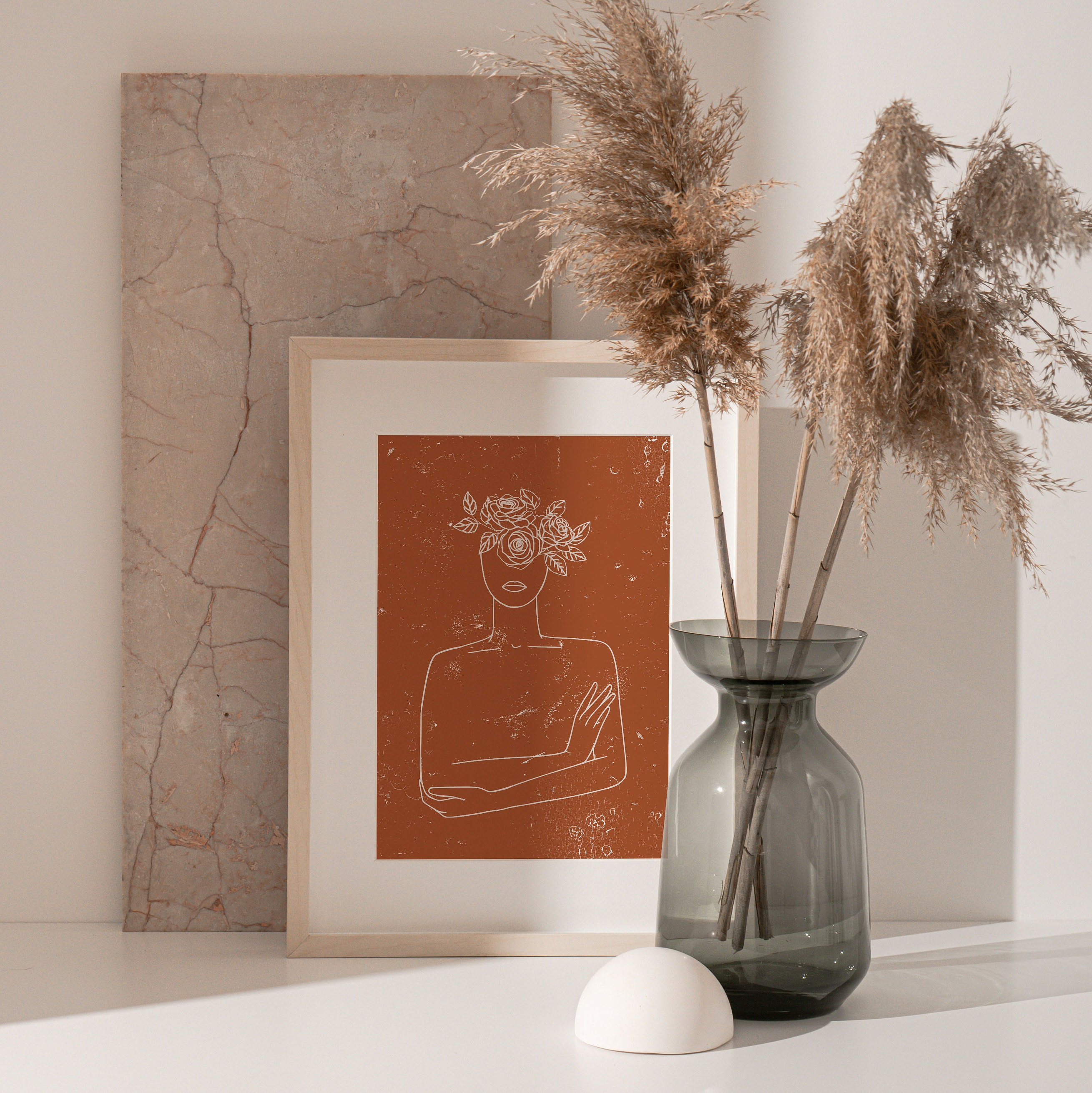 Woman With Flowers Line Art, Boho Art Minimalist Print Boho Decor ...