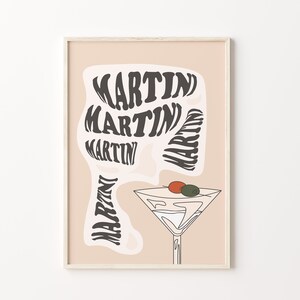 May include: A peach-coloured poster with a martini glass and the word "MARTIN" repeated in a stylised font.