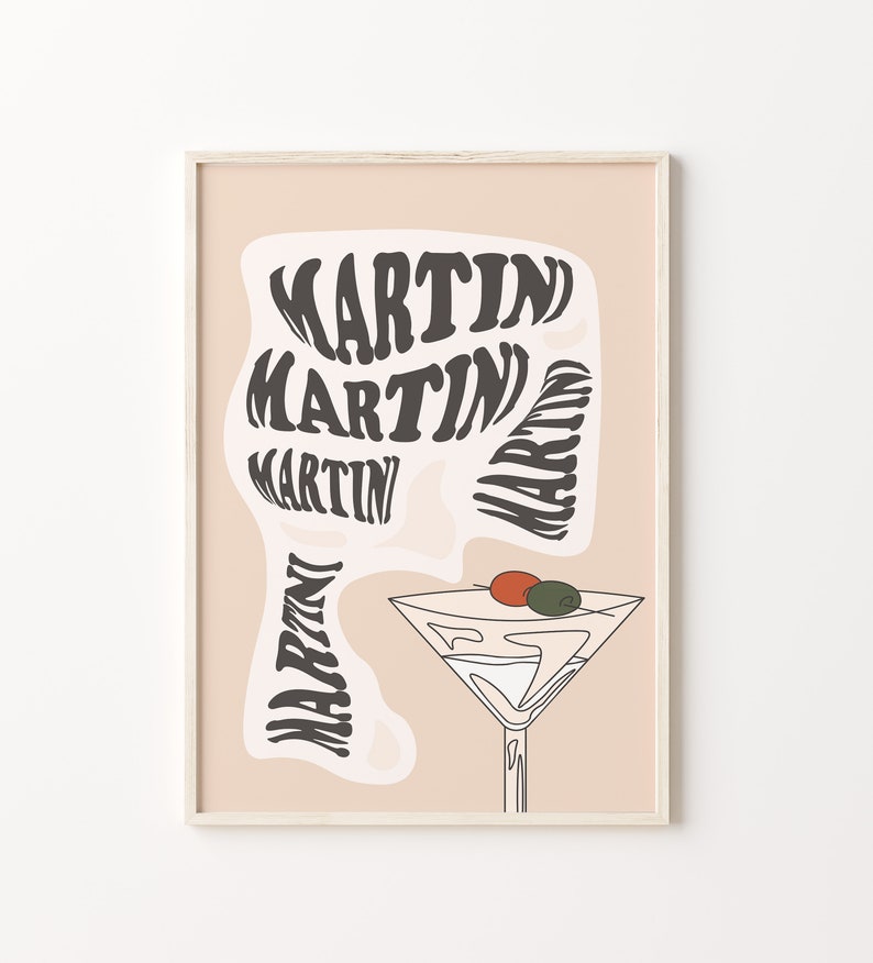 May include: A peach-coloured poster with a martini glass and the word "MARTIN" repeated in a stylised font.