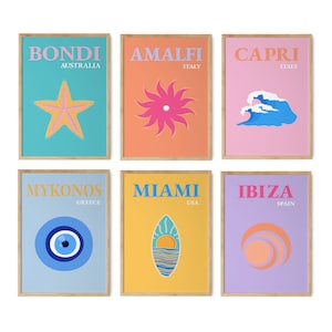 Travel Print Set of 6, Trendy Gallery Wall Prints, Retro Art Print Bundle, Colorful Boho Wall Prints, Dorm Poster Set, Printable Wall Art