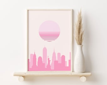 New York Print, Modern NYC Skyline Print, Retro Wall Art, Printable Poster, Pink Print of New York City, Trendy Y2K Decor, Pastel Aesthetic