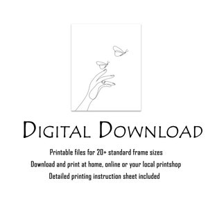 May include: Line art drawing of a hand reaching out to a butterfly. The drawing is in black and white and is suitable for printing as a digital download.