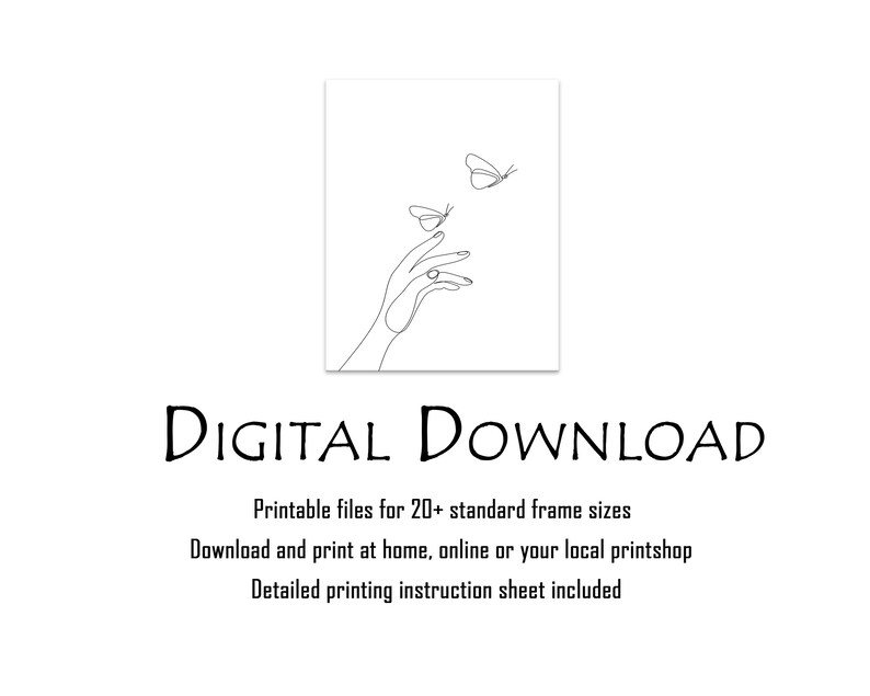 May include: Line art drawing of a hand reaching out to a butterfly. The drawing is in black and white and is suitable for printing as a digital download.
