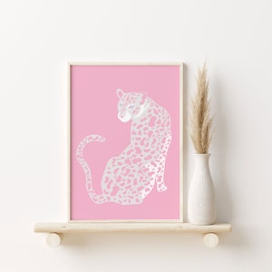 Pink Cheetah Poster | Funky Retro Wall Art | Big Cat Print | Leopard with Blue Eyes Poster | Trendy Poster | Modern Boho Wall Print