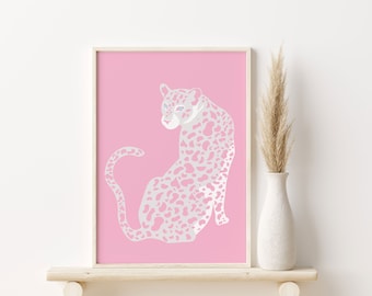 Pink Cheetah Poster | Funky Retro Wall Art | Big Cat Print | Leopard with Blue Eyes Poster | Trendy Poster | Modern Boho Wall Print