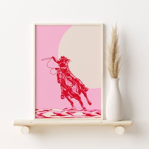 Trendy Pink and Red Cowgirl Print | Preppy Western Wall Art | Cowgirl Drawing | Digital Download Retro Cowgirl Print | Rodeo Poster