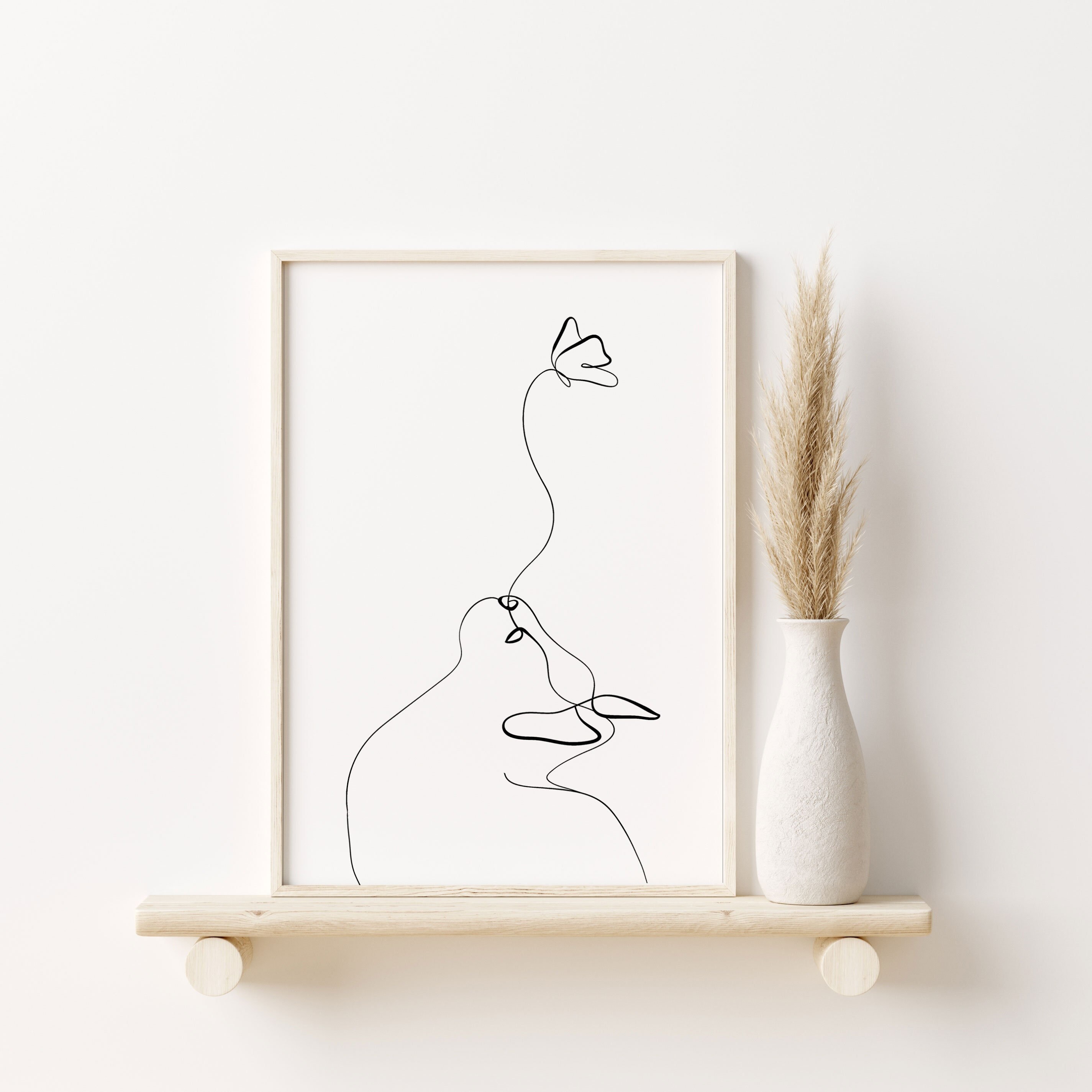 猫と蝶の線画、一筆書きの線画、動物の線画、デジタルダウンロード