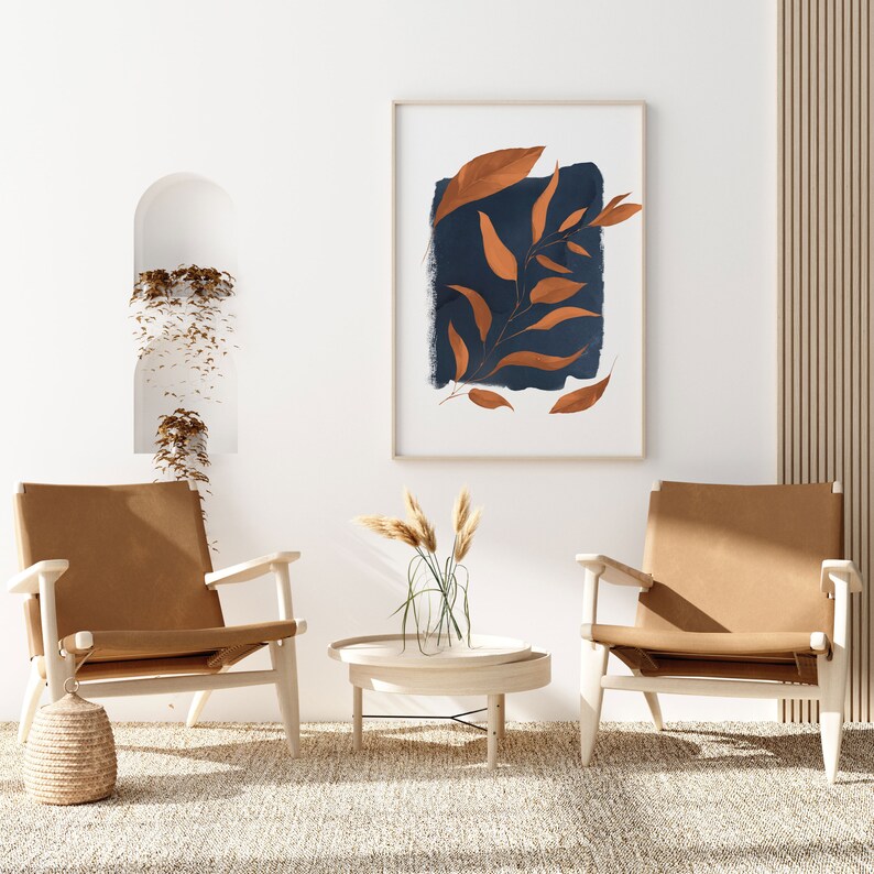 Mid Century Modern Art Print, Boho Botanical Large Leaf Print Rust and ...