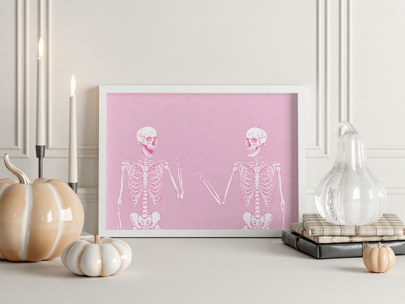 Trendig rosa Halloween-utskrivbar, rolig skelettväggkonst, söt Halloween-tryck, digital väggkonst, skeletttryck bild 2