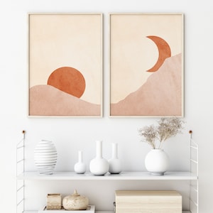 Sun and Moon Print, Terracotta Set of 2 Prints Abstract, Boho Wall Art ...