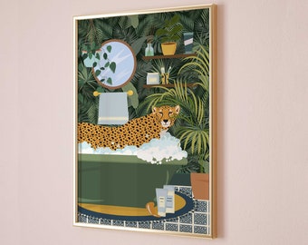 May include: A framed illustration of a cheetah relaxing in a green bathtub surrounded by lush tropical plants. The cheetah is in a bubble bath with a towel hanging on the wall behind it. The bathroom has a tiled floor and a shelf with toiletries.