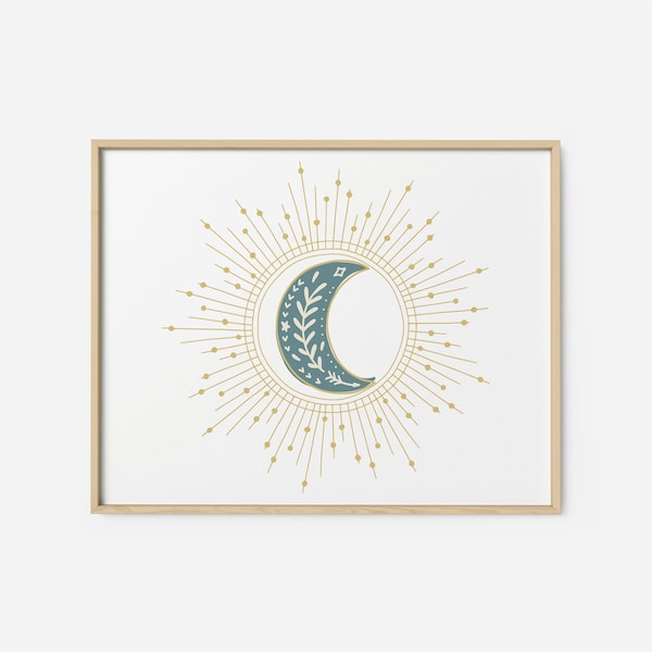 Mid Century Modern Art Sun And Moon Print MidCentury Print Boho Sun Poster, Moon Art, Horizontal Art Print, Modern Moon Nursery Digital Art