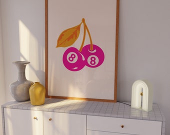 Pink and Orange Preppy Wall Art, 8 Ball Cherry Print, Aesthetic Room Decor, Trendy Aesthetic Print, Above Bed Art, Retro Dorm Prints