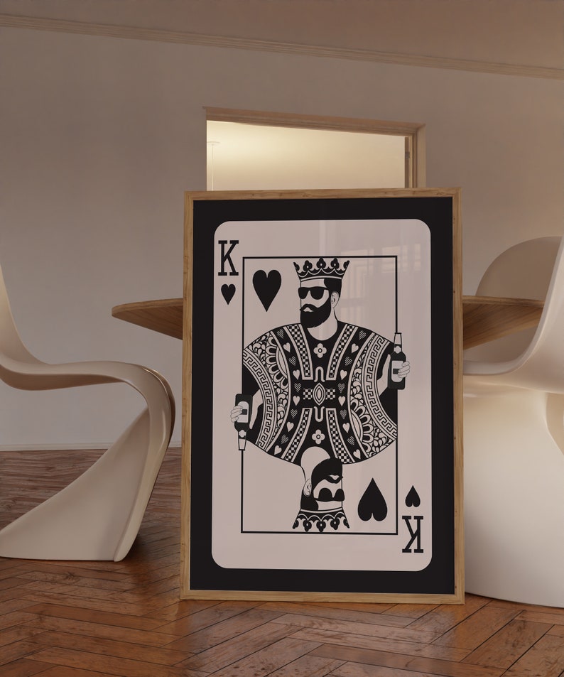 Trendy Retro Wall Art, King of Hearts Poster, Bar Cart Art, Playing