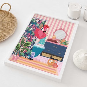 May include: A pink flamingo taking a bath in a blue bathtub with bubbles. The bathroom has a floral shower curtain, a vanity with drawers, and a mirror. There is a bottle of shampoo and a bath sponge on the floor.