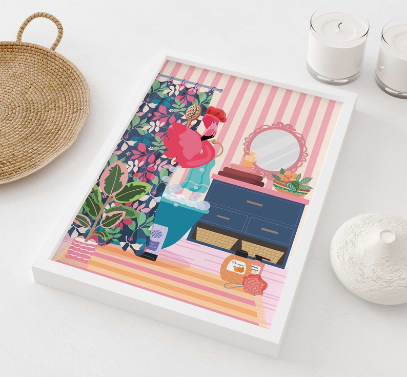 May include: A pink flamingo taking a bath in a blue bathtub with bubbles. The bathroom has a floral shower curtain, a vanity with drawers, and a mirror. There is a bottle of shampoo and a bath sponge on the floor.