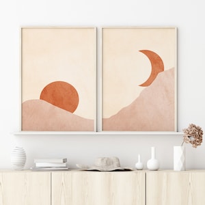 Sun and Moon Print, Terracotta Set of 2 Prints Abstract, Boho Wall Art ...