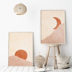 Sun and Moon Print, Terracotta Set of 2 Prints Abstract, Boho Wall Art ...