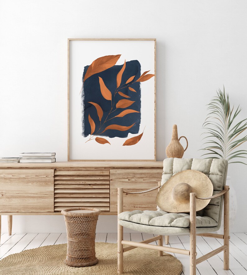 Mid Century Modern Art Print, Boho Botanical Large Leaf Print Rust and ...
