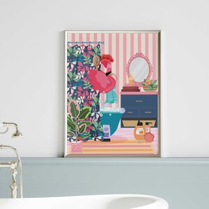 May include: A pink flamingo in a bathtub with a floral shower curtain, a vanity with drawers, and a mirror. There are toiletries and a bath sponge on the vanity.