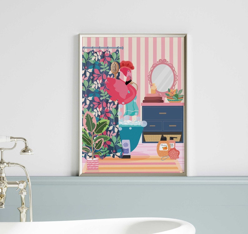 May include: A pink flamingo in a bathtub with a floral shower curtain, a vanity with drawers, and a mirror. There are toiletries and a bath sponge on the vanity.