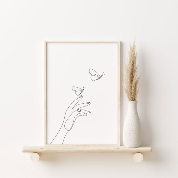 Line Drawing Art Hand With Butterfly, Abstract Line artwork, Chic Boho Art, Black White Line Art Print,  Modern Abstract Print, Modern Print
