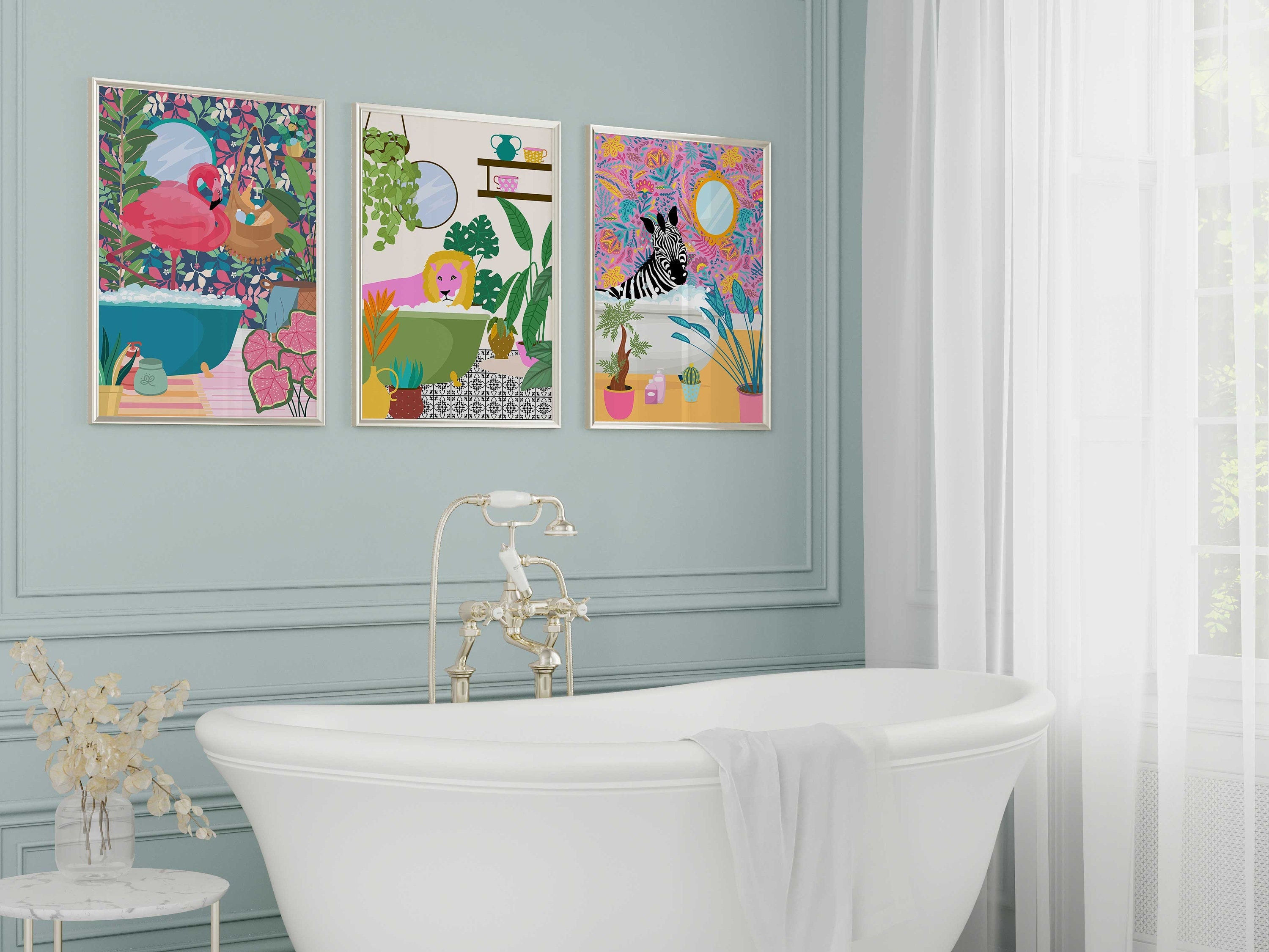 Retro Bathroom Art, Colorful 3 Piece Wall Art, Modern Funky Wall Art, Maximalist Wall Decor, Fun Quirky Animal Prints Printable Posters