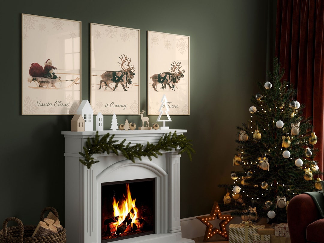 Christmas Gallery Set of 3 Prints, Santa Claus With Sleigh and Reindeer ...