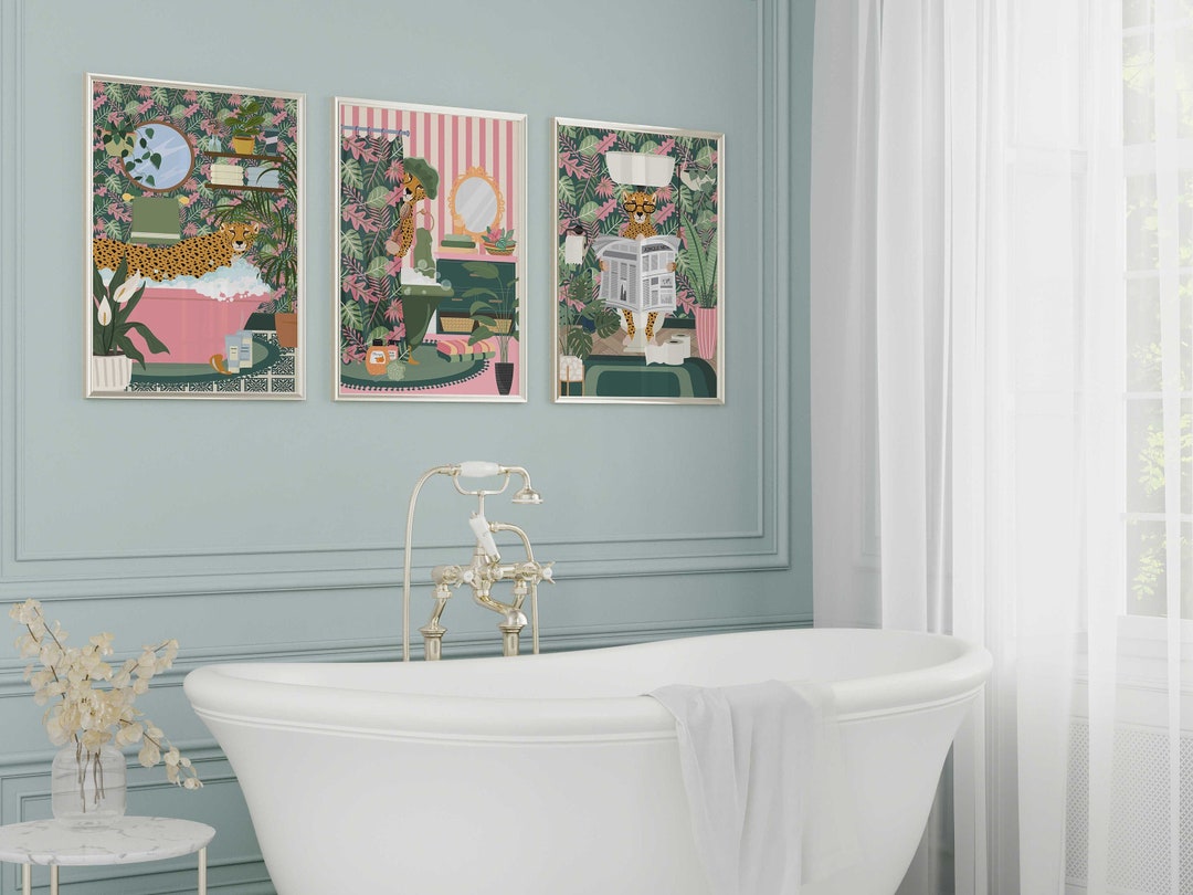 Retro Bathroom Art 3 Piece Wall Art Cheetah Prints Modern Etsy