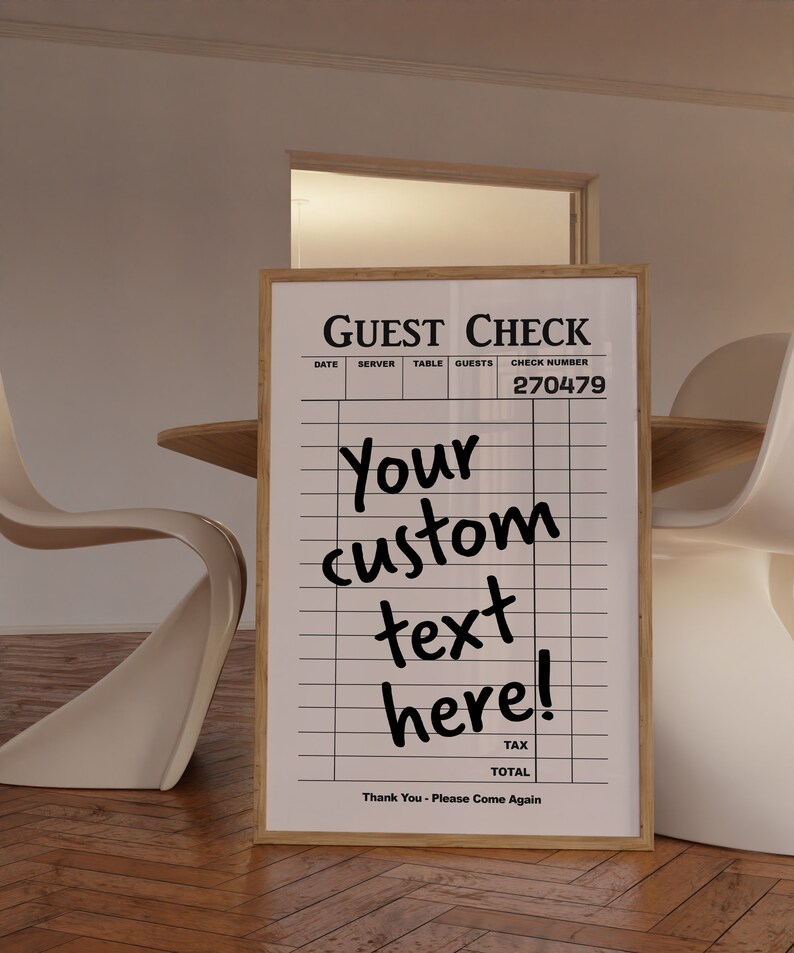 May include: A white guest check with black lines and text. The text says "GUEST CHECK", "DATE", "SERVER", "TABLE", "GUESTS", "CHECK NUMBER", "Your custom text here!", "TAX", "TOTAL", and "Thank You - Please Come Again". The check number is 270479.