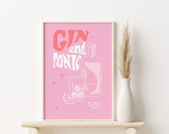 Colorful Alcohol Print, Gin and Tonic Drinks Print, Retro Wall Art, Printable Bar Art, Home Bar Decor, Kitchen Wall Art, Pastel Poster Print