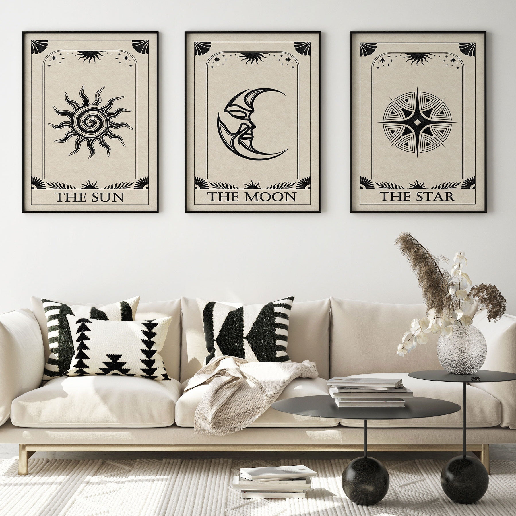 Celestial Wall Art Sun Moon Stars Print set of 3 Tarot Art | Etsy