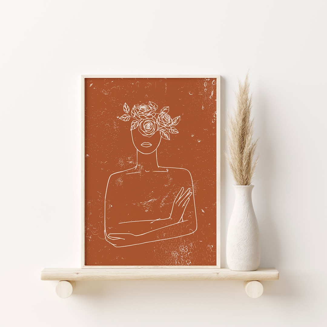 Woman With Flowers Line Art, Boho Art Minimalist Print Boho Decor ...