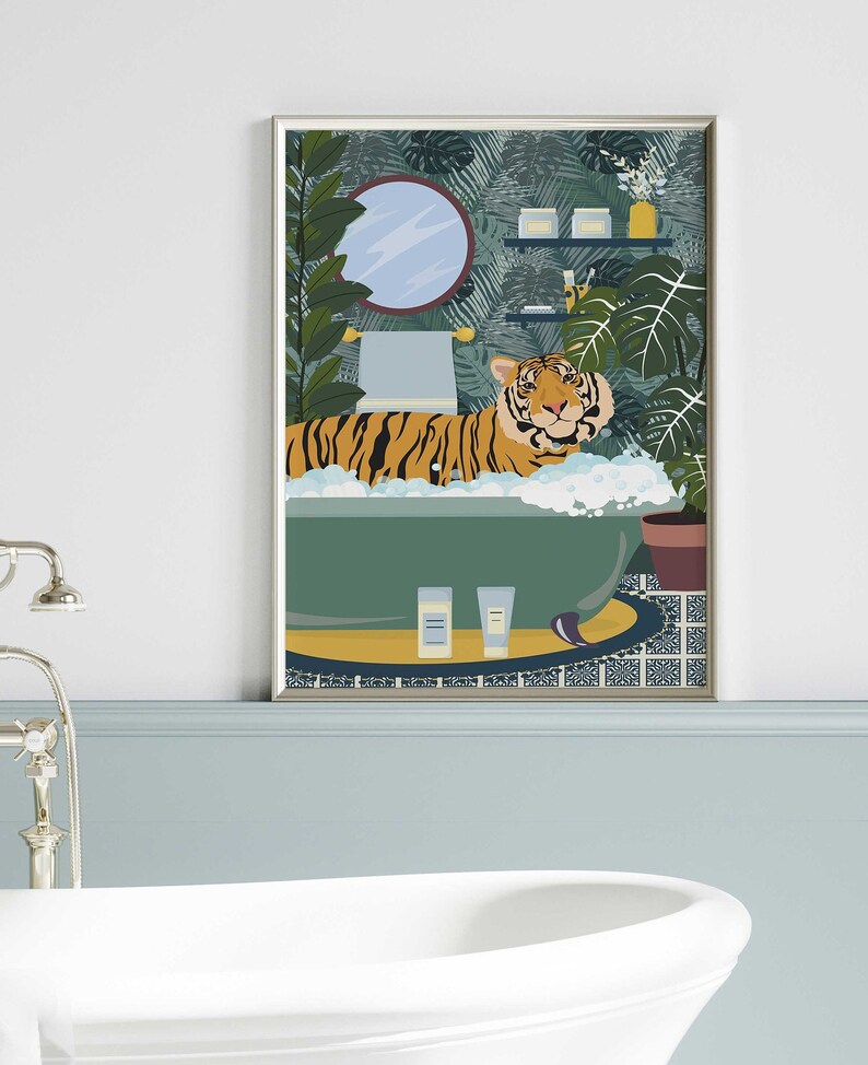 Retro Bathroom Art Funny Tiger in Bath Print Quirky Bathroom - Etsy