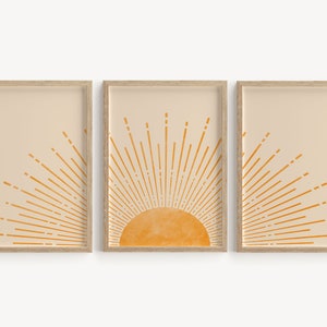 Retro zonsondergang print, slaapkamer muur decor boven het bed, afdrukbare slaapkamer kunst aan de muur, Boho Sun Art, galerij muur set boven bed afdrukbare posters