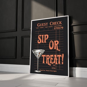 ハロウィーンプリント、バーカートアート、シップ・オア・トリック、オレンジと黒のゲストチェック、レトロなハロウィーンポスター、ハロウィーンの印刷物、トレンディなウォールアート