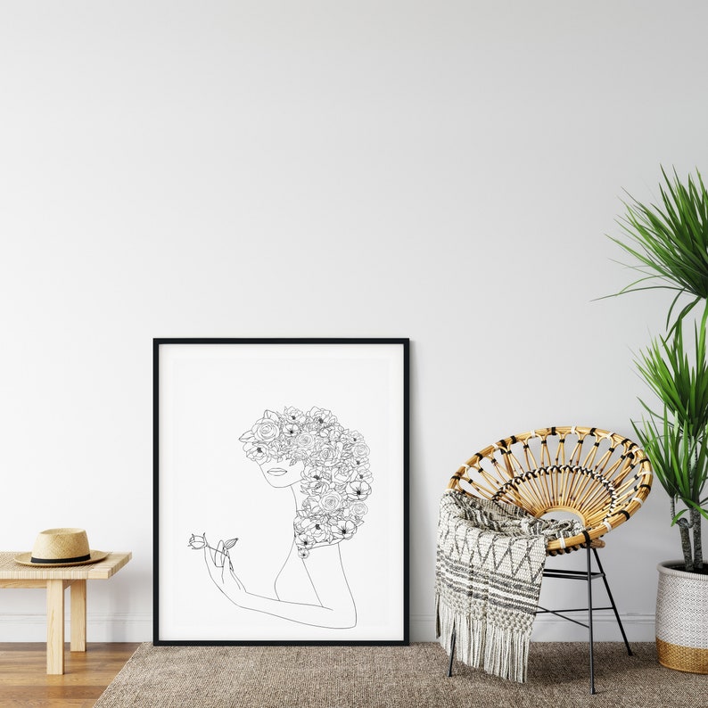 Woman Line Art Flower Wall Art Woman With Flowers Art Print Etsy